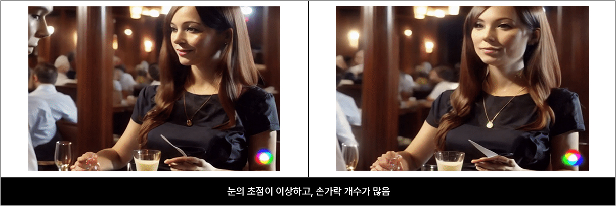 눈의 초점이 이상하고, 손가락 개수가 많음