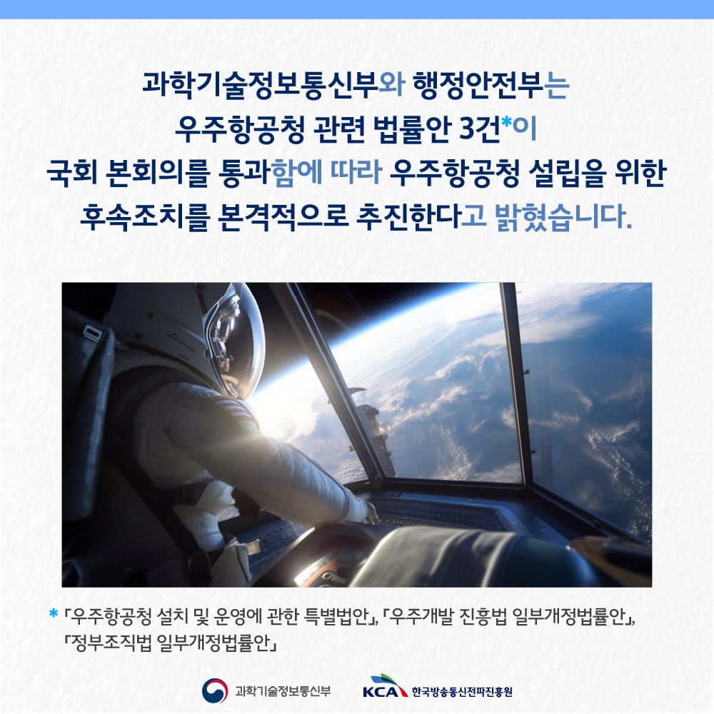 
                                    과학기술정보통신부와 행정안전부는 우주항공청 관련 법률안 3건*이 국회 본회의를 통과함에 따라 우주항공청 설립을 위한 후속조치를 본격적으로 추진한다고 밝혔습니다.

                                    * 「우주항공청 설치 및 운영에 관한 특별법안」, 「우주개발 진흥법 일부개정법률안」, 「정부조직법 일부개정법률안」
                                    