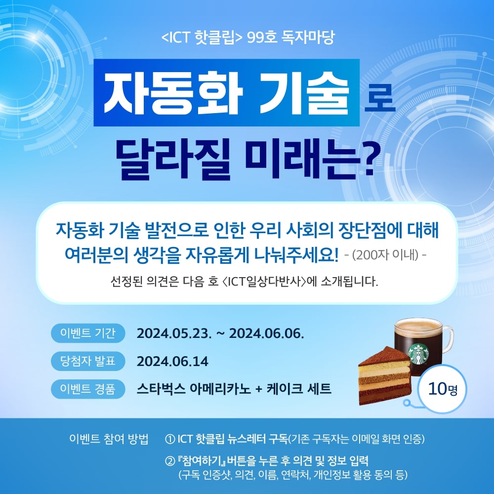 
                            〈ICT 핫클립〉99호 독자마당
                            KCA 한국방송통신전파진흥원

                            자동화 기술로 달라질 미래는?

                            
                            자동화 기술 진화로 인한 우리 사회의 장단점에 대해 
                            여러분의 생각을 자유롭게 나눠주세요!
                            -(200자 이내) -
                            선정된 의견은 다음 호 〈ICT일상다반사〉에 소개됩니다.

                            이벤트 기간 2024.05.23. ~ 2024.06.06.
                            당첨자 발표 2024.06.14. 
                            이벤트 경품 스타벅스 아메리카노 + 케이크 세트 (10명)

                            이벤트 참여 방법
                            1 ICT 핫클립 뉴스레터 구독(기존 구독자는 이메일 화면 인증)
                            2 『참여하기』버튼을 누른 후 의견 및 정보 입력
                            (구독 인증샷, 의견, 이름, 연락처, 개인정보 활용 동의 등)
                            
                            