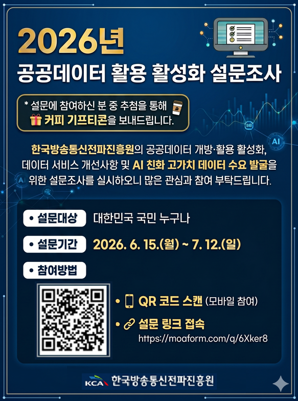 저희 기관은 공공데이터 포털 등을 통해 기관의 주요 데이터를 개방하고 있습니다. <br><br><br><br>우리원의 공공데이터 개방·활용 활성화와 데이터 서비스 개선사항 및 AI 친화·고가치 데이터 수요 발굴을 위한 <br><br><br><br>설문조사를 실시하오니 많은 관심과 참여 부탁드립니다. <br><br><br><br>※설문에 참여해주신 분들 중 추첨을 통해 커피 쿠폰 증정 <br><br><br><br>ㅇ 설문대상 : 대한민국 국민 누구나 <br><br><br><br>ㅇ 설문기간 : 2026.6.15.(월) ~ 7.12.(일) <br><br><br><br>ㅇ 참여방법 : 온라인 설문조사(포스터 내 QR코드 또는 링크 http://moaform.com/q/6Xker8)