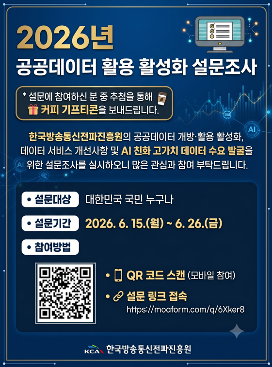저희 기관은 공공데이터 포털 등을 통해 기관의 주요 데이터를 개방하고 있습니다. <br><br><br><br>우리원의 공공데이터 개방·활용 활성화와 데이터 서비스 개선사항 및 AI 친화·고가치 데이터 수요 발굴을 위한 <br><br><br><br>설문조사를 실시하오니 많은 관심과 참여 부탁드립니다. <br><br><br><br>※설문에 참여해주신 분들 중 추첨을 통해 커피 쿠폰 증정 <br><br><br><br>ㅇ 설문대상 : 대한민국 국민 누구나 <br><br><br><br>ㅇ 설문기간 : 2026.6.15.(월) ~ 6.26.(금) <br><br><br><br>ㅇ 참여방법 : 온라인 설문조사(포스터 내 QR코드 또는 링크 http://moaform.com/q/6Xker8)