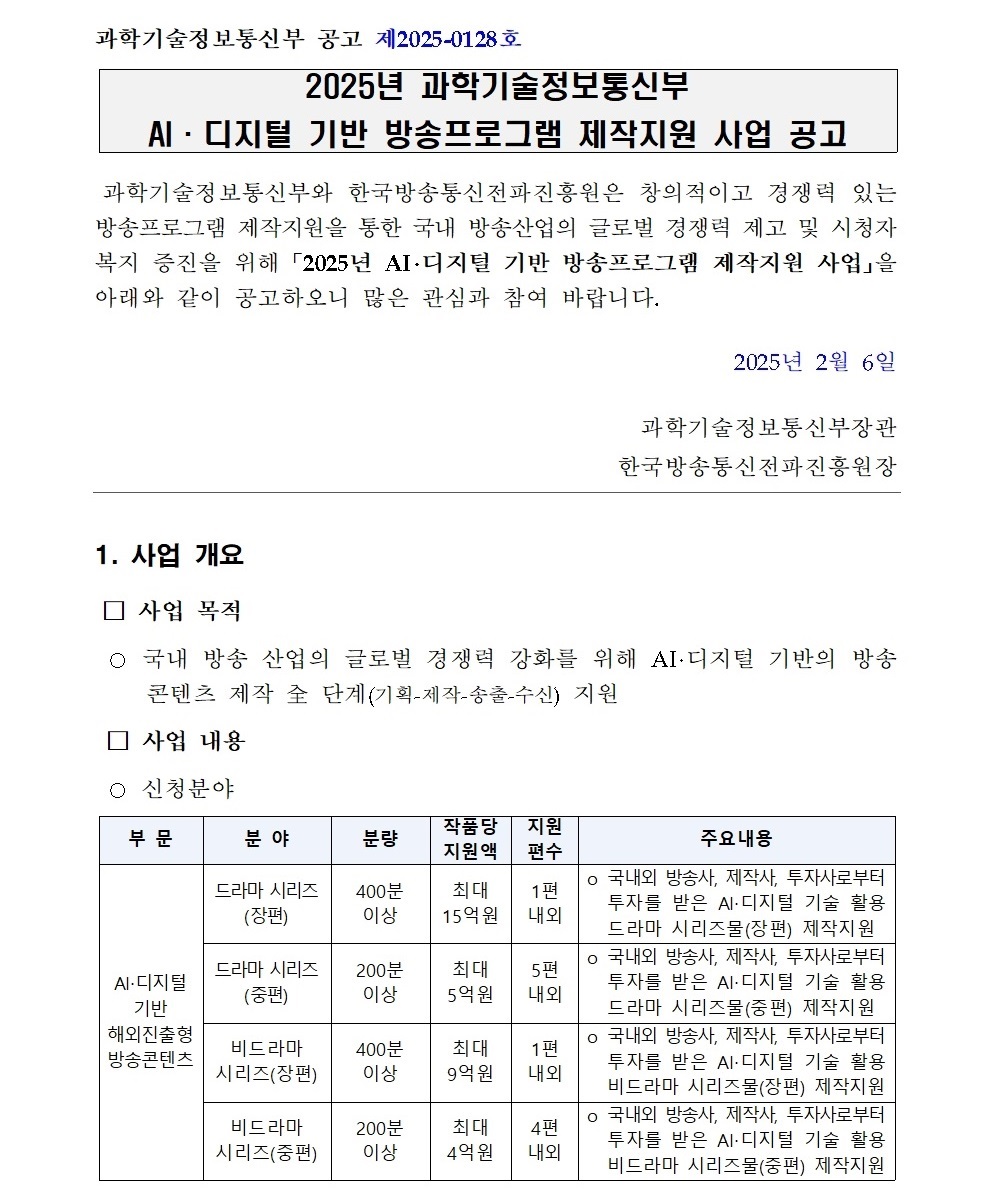 과학기술정보통신부 공고 제2025-0128호,2025년 과학기술정보통신부 ,AI 디지털 기반 방송프로그램 제작지원 사업 공고,과학기술정보통신부와 한국방송통신전파진흥원은 창의적이고 경쟁력 있는 방송프로그램 제작지원을 통한 국내 방송산업의 글로벌 경쟁력 제고 및 시청자 복지 증진을 위해 「2025년 AI·디지털 기반 방송프로그램 제작지원 사업」을 아래와 같이 공고하오니 많은 관심과 참여 바랍니다.,2025년 2월 6일,과학기술정보통신부장관 ,한국방송통신전파진흥원장,1. 사업 개요,사업 목적,국내 방송 산업의 글로벌 경쟁력 강화를 위해 AI·디지털 기반의 방송콘텐츠 제작 全 단계(기획-제작-송출-수신) 지원 ,사업 내용,신청분야,부 문,분 야,분량,작품당 지원액,지원,편수,주요내용,AI‧디지털 기반 해외진출형,방송콘텐츠,드라마 시리즈,(장편),400분 이상,최대,15억원,1편 내외,국내외 방송사, 제작사, 투자사로부터 투자를 받은 AI‧디지털 기술 활용 드라마 시리즈물(장편) 제작지원,드라마 시리즈,(중편),200분 이상,최대,5억원,5편 내외,국내외 방송사, 제작사, 투자사로부터 투자를 받은 AI‧디지털 기술 활용 드라마 시리즈물(중편) 제작지원,비드라마 시리즈(장편),400분 이상,최대,9억원,1편 내외,국내외 방송사, 제작사, 투자사로부터 투자를 받은 AI‧디지털 기술 활용 비드라마 시리즈물(장편) 제작지원,비드라마 시리즈(중편),200분 이상,최대,4억원,4편 내외,국내외 방송사, 제작사, 투자사로부터 투자를 받은 AI‧디지털 기술 활용 비드라마 시리즈물(중편) 제작지원,AI 디지털 기반,공익형,방송콘텐츠,글로벌 공동제작,50분 기준 x 1편 이상,최대,3억원,1편 내외,AI 디지털 기술 활용 공익적 주제의 글로벌 공동제작 컨소시엄 프로젝트 제작지원,공공공익우수프로그램,장편,(자유주제),50분 기준 x 3편 이상,최대,1.8억원,2편 내외,AI 디지털 기술 활용 공익적 주제의 정규 연속물 프로그램 제작지원,장편,(지정주제),50분 기준 x 3편 이상,최대,1.7억원,3편 내외,AI‧디지털 기술 활용 지정주제*에 대한 정규 연속물 프로그램 제작지원, * ①광복 80주년, ②2025 APEC 경주,단편(교양),50분 기준 x 1편 이상,최대,7천만원,5편 내외,AI 디지털 기술 활용 공익적 주제의 교양 프로그램 제작지원