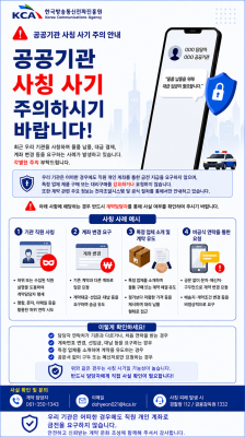 [공지] 공공기관 사칭사기 범죄 주의한국방송통신전파진흥원(이하 진흥원)에서 알려드립니다.최근 진흥원 임직원을 사칭한 기업정보 요구, 물품 대납 요청 등의 사기 범죄 사례가 발생하고 있습니다.관련 업체의 관계자분들께서는 이로 인한 피해가 발생하지 않도록 각별한 주의를 당부드리며,의심스러운 연락을 받으신 경우, 반드시 진흥원으로 먼저 연락하여 진위 여부를 확인해 주시기 바랍니다.[사칭 사례]○ 위조한 진흥원 임직원의 명함을 사용하여 계약 체결을 요구, 최저가 판매업체를 제시하고 물품을 대납해 줄 것을 요청- 물품판매업체 또한 사칭사기 공범으로 해당업체에 견적 요청 시 대금 선입금 요구○ 공개된 계약정보를 이용하여 진흥원의 계약 담당자를 사칭해 해당기업에 재계약을 요청- 계약에 필요한 서류제출 요구로 사업자등록증, 법인인감증명서, 계약내역 등 기업의 영업정보 탈취○ 현재 진행 중인 진흥원 계약 건에 대한 업무 담당자를 사칭해 사업장 이전, 통장 변경 등의 사유로 변경계약을 유도- 납품 장소 및 결제 계좌 허위 변경(계약서 변경이 아닌 구두 또는 수기 변경)으로 납품 물품, 계약 보증금 등 편취·횡령[대응 방안]1. 발신처 확인 : 진흥원 홈페이지 또는 누리집을 통해 연락이 온 번호가 담당자의 공식 연락처가 맞는지 반드시 확인합니다.※ 담당자 확인 방법 : 진흥원 홈페이지(www.kca.kr) > 기관소개 > 조직구성 > 팀별 업무 및 연락처 확인2. 관련서류 진위여부 확인 : 진흥원은 모든 계약 건에 대해 전자계약을 체결하며, 수기계약서는 존재하지 않습니다.3. 계약정보 수기(구두) 변경 거부 : 계약 변경은 나라장터 전자조달시스템을 이용하며, 구두 또는 수기 변경은 불가합니다.4. 선납·선입금 거부 : 진흥원은 어떠한 경우에도 선납·선입금을 요구하지 않으며, 관계 법령 및 규정을 준수합니다.5. 사칭사기 범죄 신고: 사기 피해가 발생했거나 의심되는 경우 경찰청(112) 또는 금융감독원(1332)으로 즉시 신고합니다.
