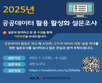 2025년 공공데이터 활용 활성화 설문조사 설문에 참여하신 분 중 추첨을 통해 기프티콘을 보내드립니다. 공공데이터 활용도 제고 및 AI친화 고가치 데이터 개방 발굴 확대를 위한 설문조사를 실시하오니 많은 관심과 참여 부탁드립니다. ○ 설문대상 : 국민 누구나 ○ 설문기간 : ‘25.7.17(목) ~ 8.1(금) ○ 설문방법 : 온라인 설문조사 (https://moaform.com/q/jVHa4a)