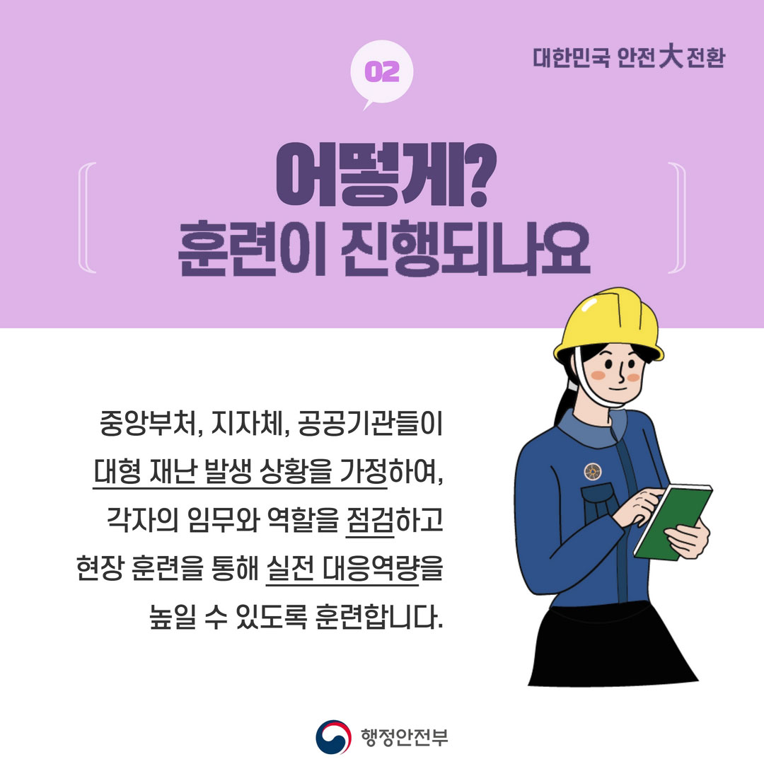 02 대한민국 안전大전환 어떻게? 훈련이 진행되나요 중앙부처, 지자체, 공공기관들이 대형 재난 발생 상황을 가정하여, 각자의 임무와 역할을 점검하고 현장 훈련을 통해 실전 대응역량을 높일 수 있도록 훈련합니다. 행정안전부