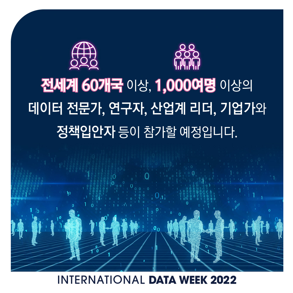 전세계 60개국 이상, 1,000여명 이상의 데이터 전문가, 연구자, 산업계 리더, 기업가와 정책입안자 등이 참가할 예정입니다. INTERNATIONAL DATA WEEK 2022