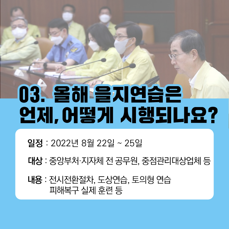 03. 올해 을지연습은 언제, 어떻게 시행되나요? 일정 : 2022년 8월 22일 ~ 25일 대상 : 중앙부처ㆍ지자체 전 공무원, 중점관리대상업체 등 내용 : 전시전환절차, 도상연습, 토의형 연습 피해복구 실제 훈련 등