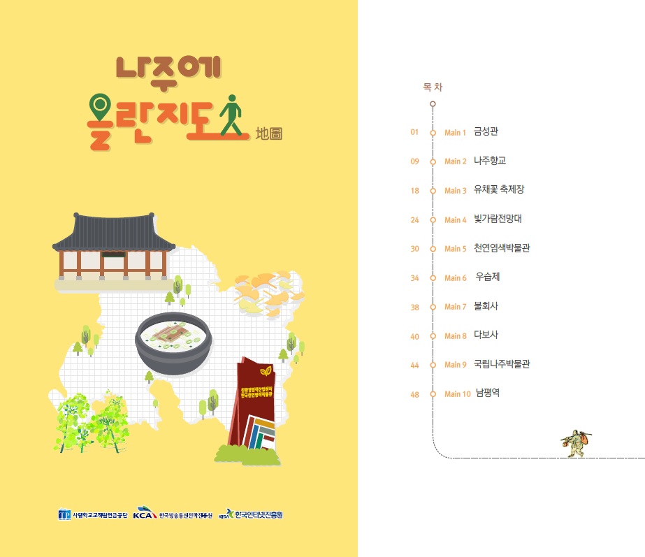 나주에 올란 지도 / TP 사립학교교직원연금공단, KCA 한국방송통신전파진흥원, KISA 한국인터넷진흥원 / -목차 01. Main1 금성관, 07. Main2 나주향교, 18.Main3 유채꽃 축제장, 24.Main4 빛가람전망대, 30.Main 5 천연염색박물관, 34.Main6 우습제, 38.Main7 불회사, 40.Main8 다보사, 44.Main9 국립나주박물관, 48.Main10 남평역