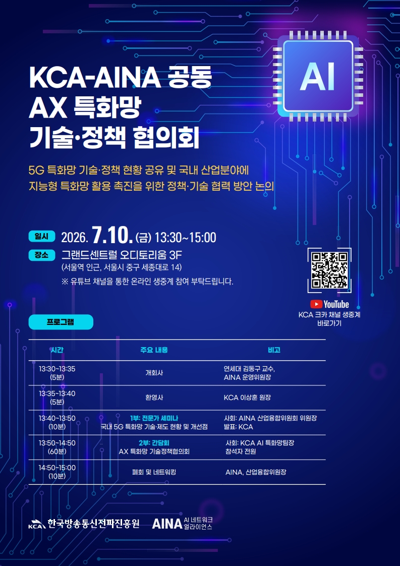 한국방송통신전파진흥원, 인공지능(AI) 통신망 연합체(AINA)와 「인공지능 전환(AX) 특화망 기술‧정책 협의회」 개최