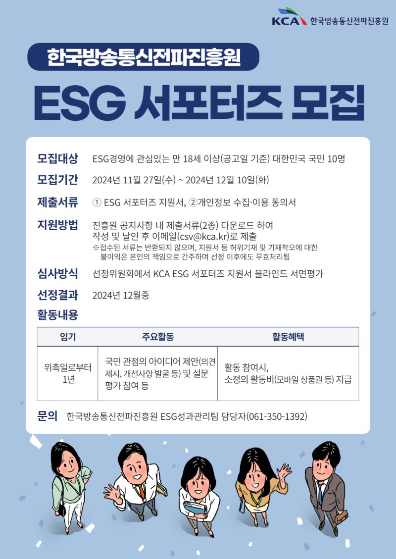 한국방송통신전파진흥원 ESG 서포터즈 모집 <br>ㅇ 신청기한 : 2024. 11. 27.(수) ~ 2024. 12. 10.(화) <br> <br>ㅇ 모집대상 : ESG경영에 관심있는 만 18세 이상(공고일 기준) 대한민국 국민 10명 <br> <br>ㅇ 지원방법 : 제출서류(2종) 작성 및 날인 후 이메일(csv@kca.kr) 제출 <br>ㅇ 접수된 서류는 반환되지 않으며, 지원서 등 허위기재 및 기재착오에 대한 불이익은 본인의 책임으로 간주하여 선정 후에도 무효처리됨 <br>ㅇ 제출서류 : ①ESG 서포터즈 지원서, ②개인정보 수집이용 동의서 <br> <br>ㅇ 심사방식 : 선정위원회에서 KCA ESG 서포터즈 지원서 블라인드 서면평가 <br> <br>ㅇ 선정결과 발표 : 2024.12월중 <br>활동내용 <br>ㅇ 임기 : 위촉일로부터 1년 <br>ㅇ 활동내용 : 국민 관점의 아이디어 제안(의견 제시, 개선사항 발굴 등) 및 설문평가 참여 등 <br>ㅇ 활동혜택 : 활동 참여시, 소정의 활동비(모바일 상품권 등) 지급 <br>문의 <br>ㅇ 한국방송통신전파진흥원 ESG성과관리팀 담당자 : 061-350-1392