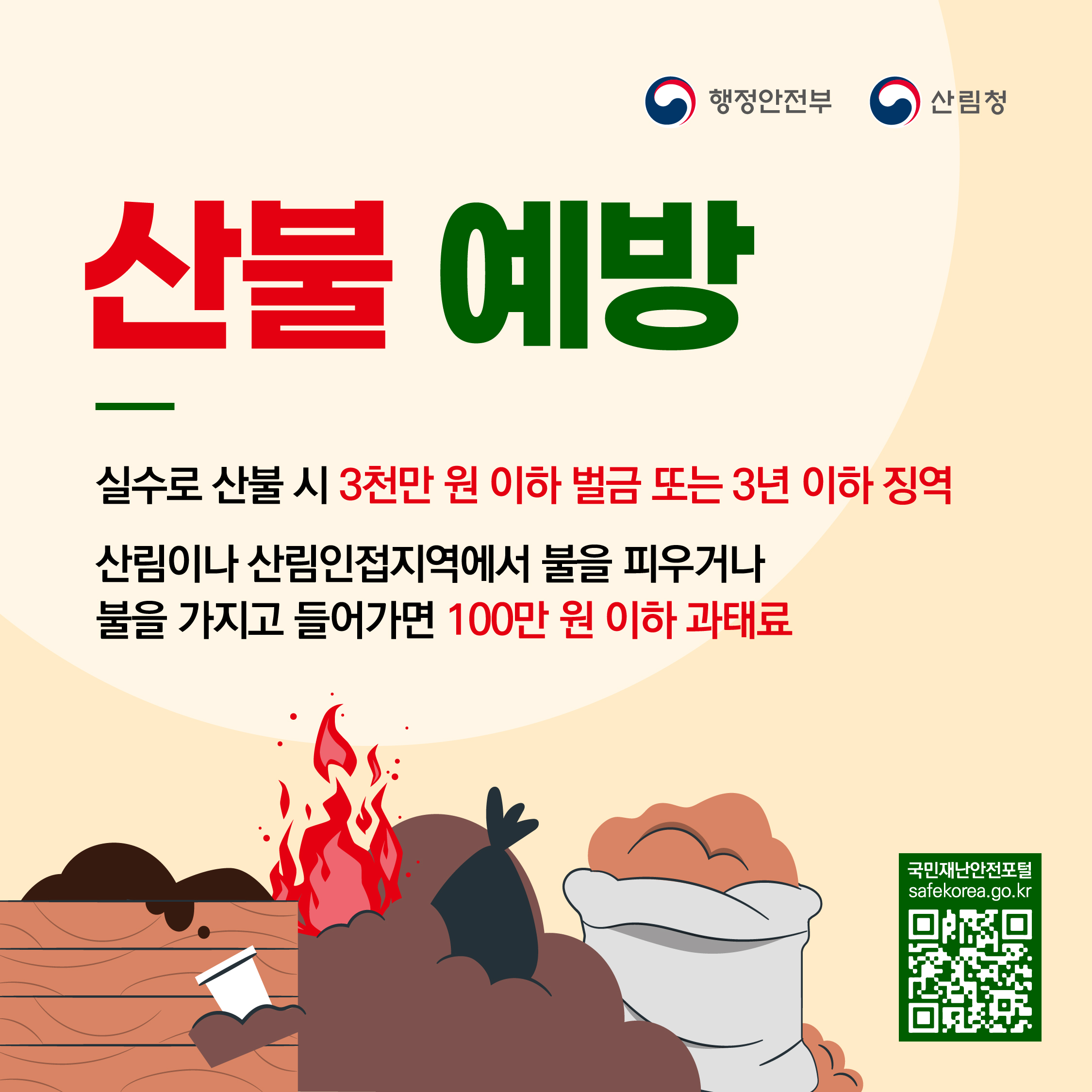 행정안전부, 산림청 <br>산불예방 <br>실수로 산불 시 3천만원 이하 벌금 또는 3년 이하 징역 <br>산림이나 산림인접지역에서 불을 피우거나 <br>불을 가지고 들어가면 100만원 이하 과태료 <br>국민재난안전포털: safekorea.go.kr
