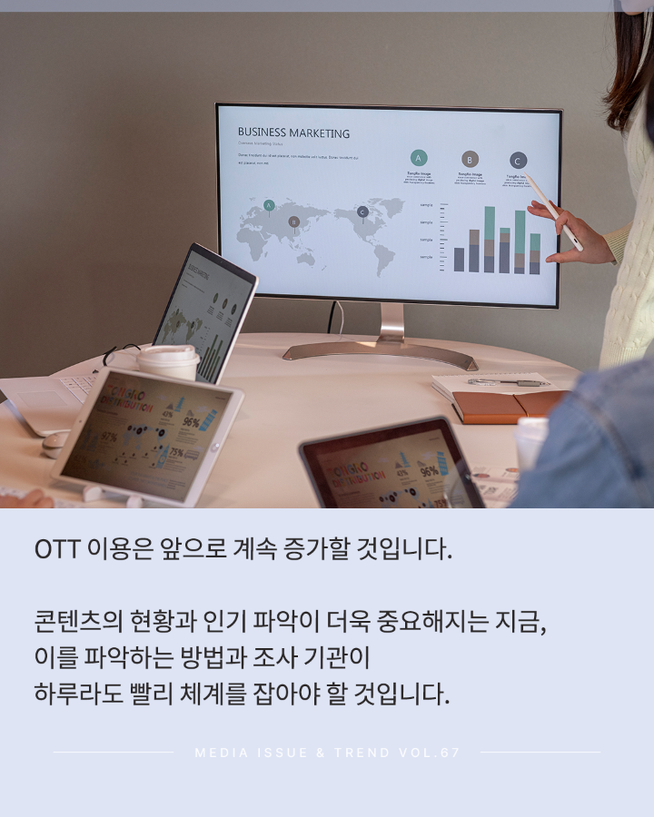 OTTO 이용은 앞으로 계속 증가할 것입니다. <br>큰텐츠의 현황과 인기 파악이 더욱 중요해지는 지금, <br>이를 파악하는 방법과 조사 기관이 <br>하루라도 빨리 체계를 잡아야 할 것입니다. <br>MEDIA ISSUE & TREND VOL.67