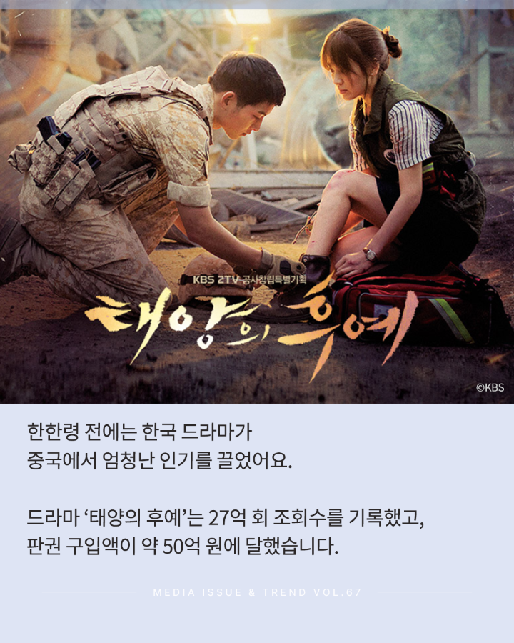 한한령 전에는 한국 드라마가 <br>중국에서 엄청난 인기를 끌었어요. <br>드라마가 '태양의 후예'는 27억 조회수를 기록했고, <br>판권 구입액이 약 50억 원에 달했습니다. <br>MEDIA ISSUE & TREND VOL.67