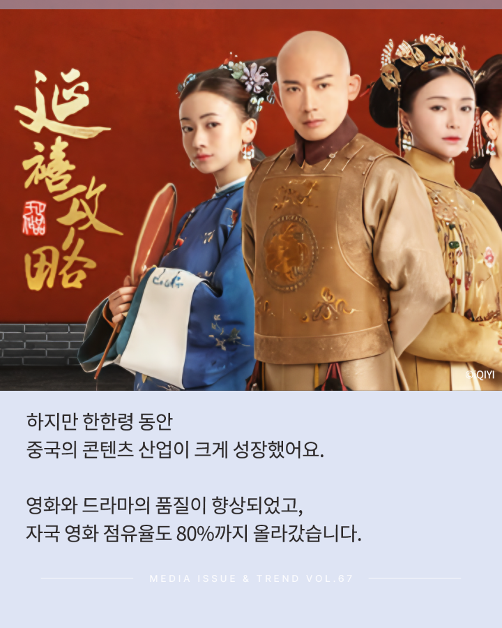 하지만 한한령 동안 <br>중국의 콘텐츠 산업이 크게 성장했어요. <br>영화와 드라마의 품질이 향상되었고, <br>자국 영화 점유율도 80%까지 올라갔습니다. <br>MEDIA ISSUE & TREND VOL.67