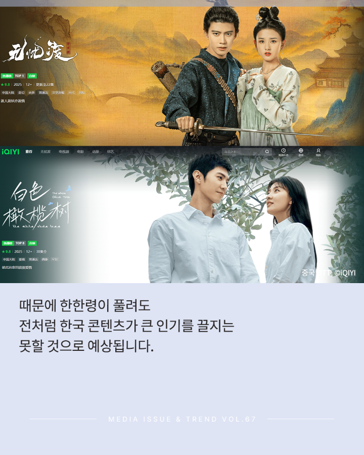 때문에 한한령이 풀려도 <br>전처럼 한국 콘텐츠가 큰 인기를 끌지는 <br>못할 것으로 예상됩니다. <br>MEDIA ISSUE & TREND VOL.67