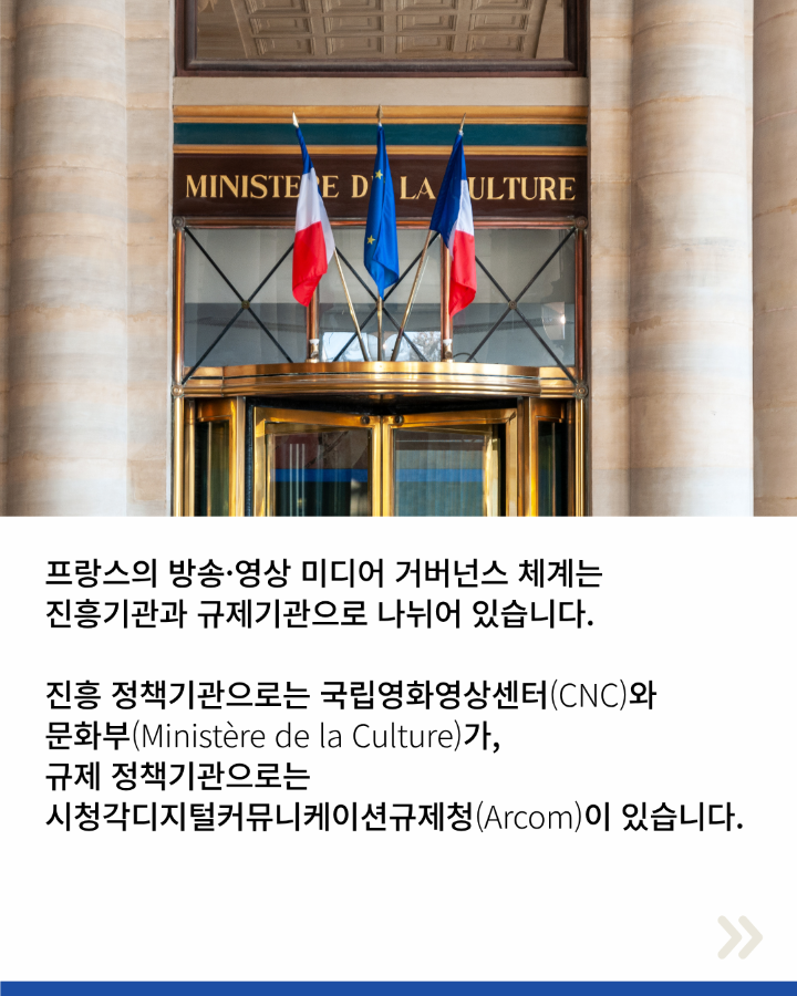 프랑스 방송·영상 미디어 거버넌스 체계는 <br>진흥기관과 규제기관으로 나뉘어 있습니다. <br>진흥 정책기관으로는 국립영화영상센터(CNC)와 <br>문화부(Ministère de la Culture)가, <br>규제 정책기관으로는 <br>시청각디지털커뮤니케이션규제청(Arcom)이 있습니다.