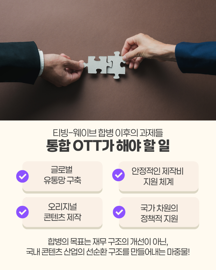 티빙-웨이브 합병 이후의 과제들 <br> <br>&lt;통합 OTT가 해야 할 일&gt; <br>1. 글로벌 유통망 구축 <br>2. 안정적인 제작비 지원 체계 <br>3. 오리지널 콘텐츠 제작 <br>4. 국가 차원의 정책적 지원 <br> <br>합병의 목표는 재무 구조의 개선이 아닌, <br>국내 콘텐츠 산업의 선순환 구조를 만들어내는 마중물!