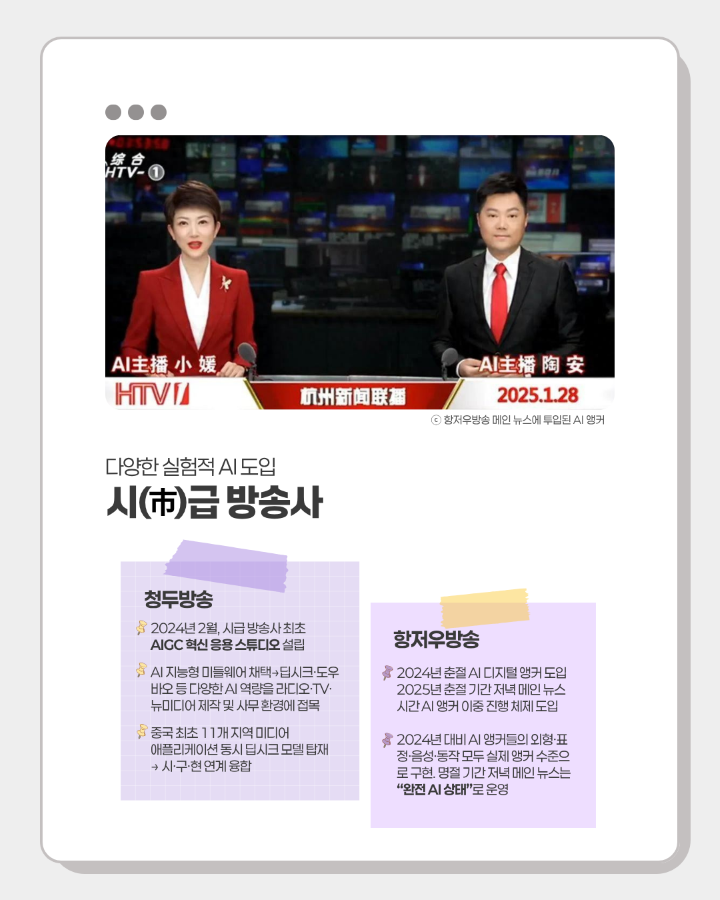 다양한 실험적 AI 도입 <br>시급 방송사 <br> <br>- 청두방송, 항저우방송