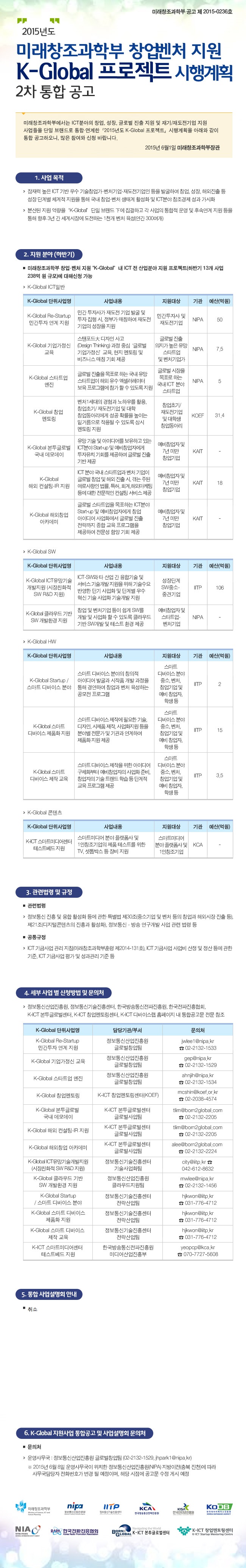 2015년도 미래창조과학부 창업벤처 지원 K-Global 프로젝트 시행계획 2차 통합공고입니다